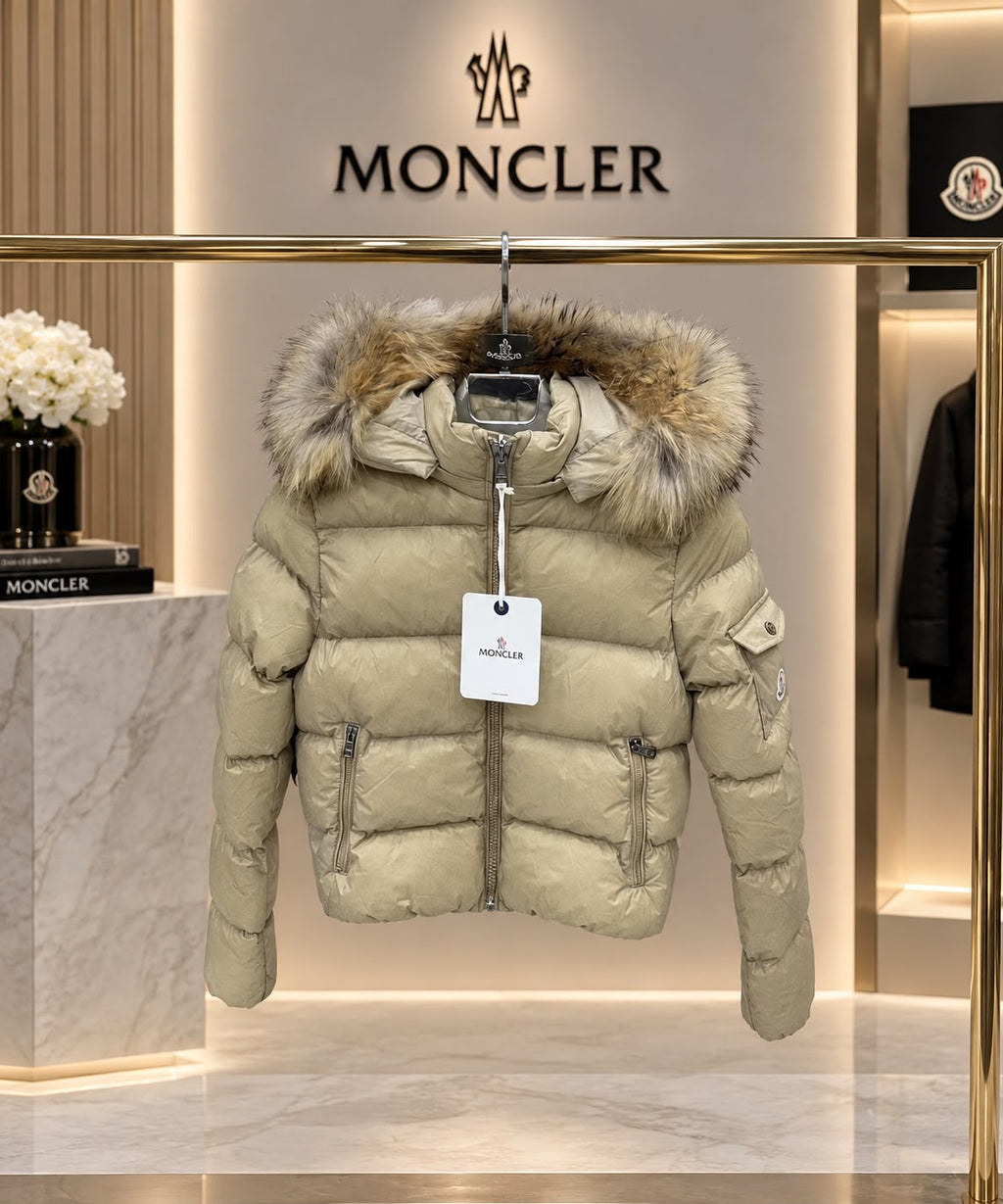 Moncler Maya Short Down Jacket with Fur-Trimmed Hood