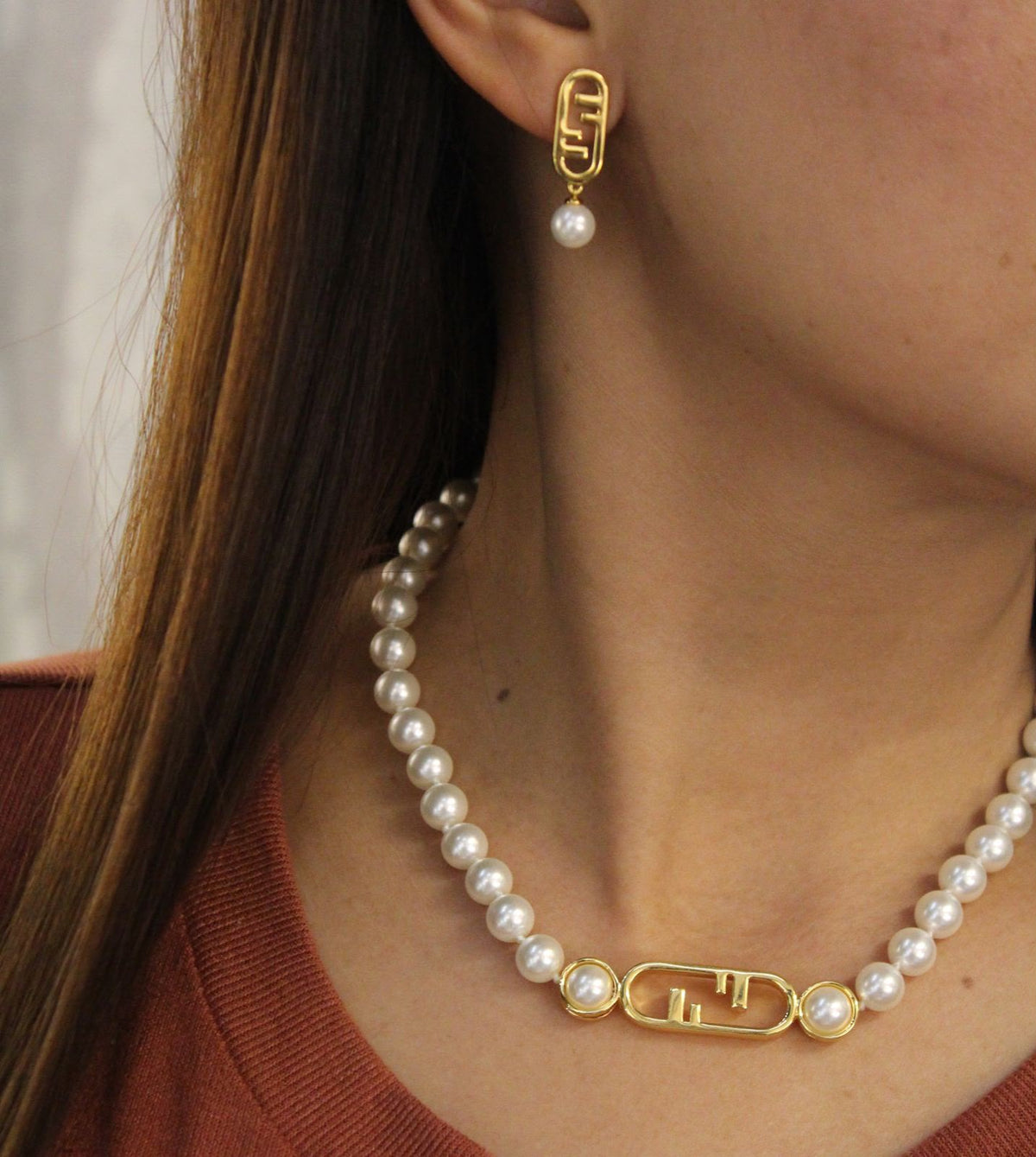 Fendi FF Pearl Necklace & Earrings Set