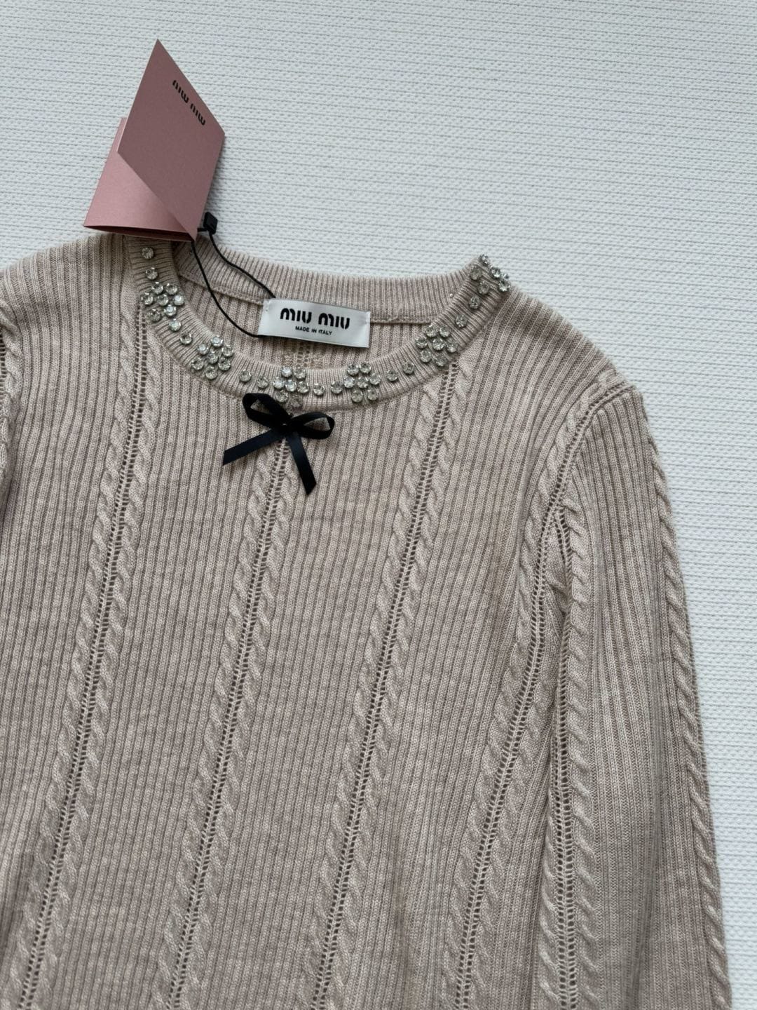 Miu Miu Crystal-Embellished Bow Cable-Knit Sweater
