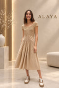 Alaïa Flared Ribbed-Knit Midi Dress in Beige