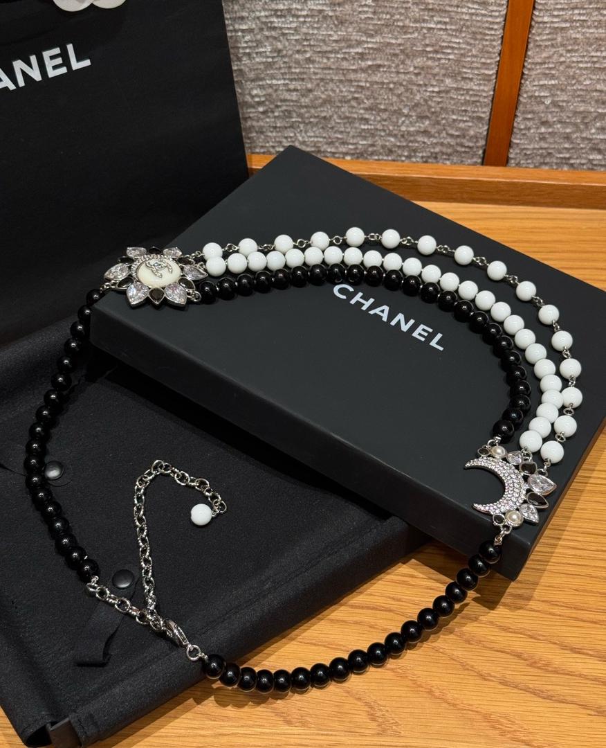 Chanel CC Crystal Embellished Black and White Beaded Chain Belt