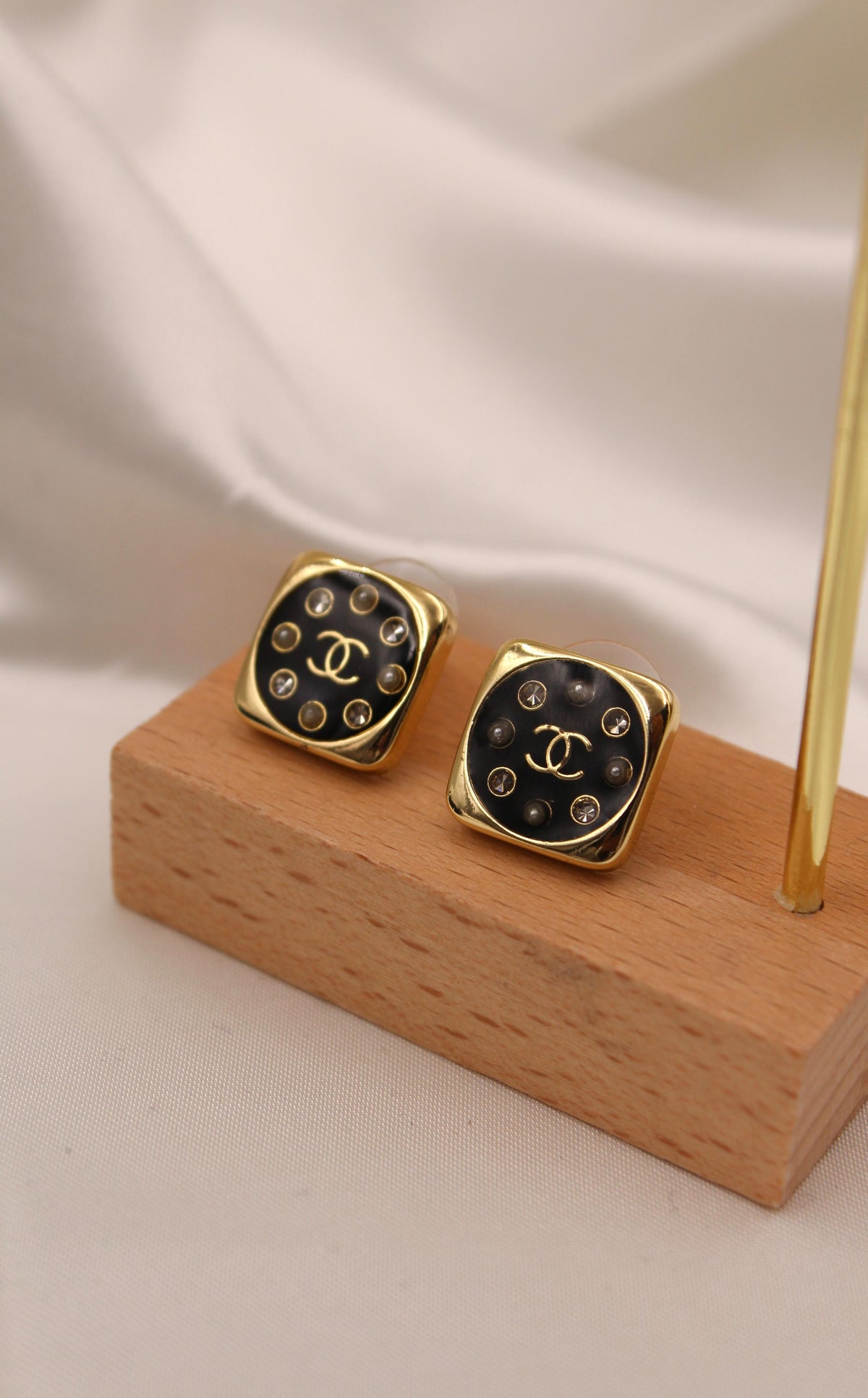 CHANEL – Black Enamel CC Crystal Stud Earrings