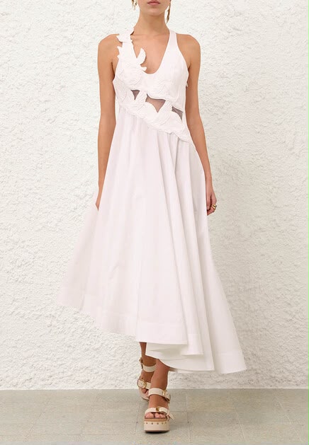 Zimmermann Cutout Lace-Appliqué Asymmetric Midi Dress