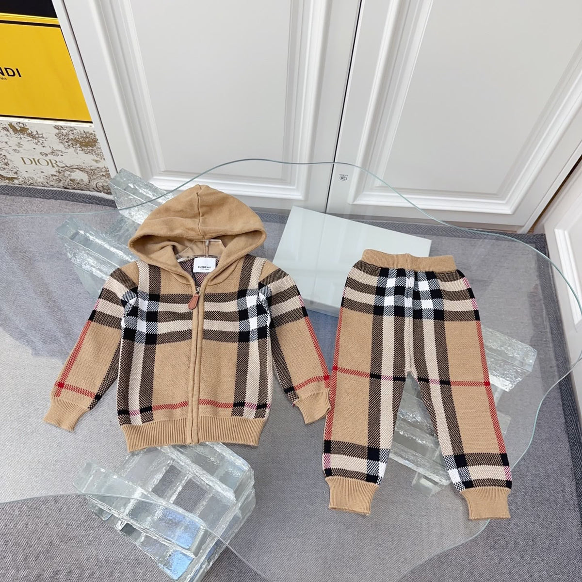 Burberry Kids Camel Check Hooded Set