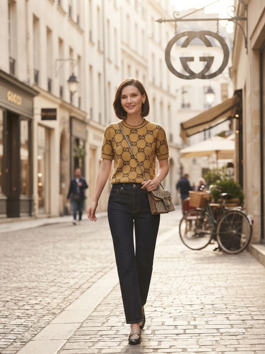 Gucci GG Supreme Monogram Short-Sleeve Knit Top