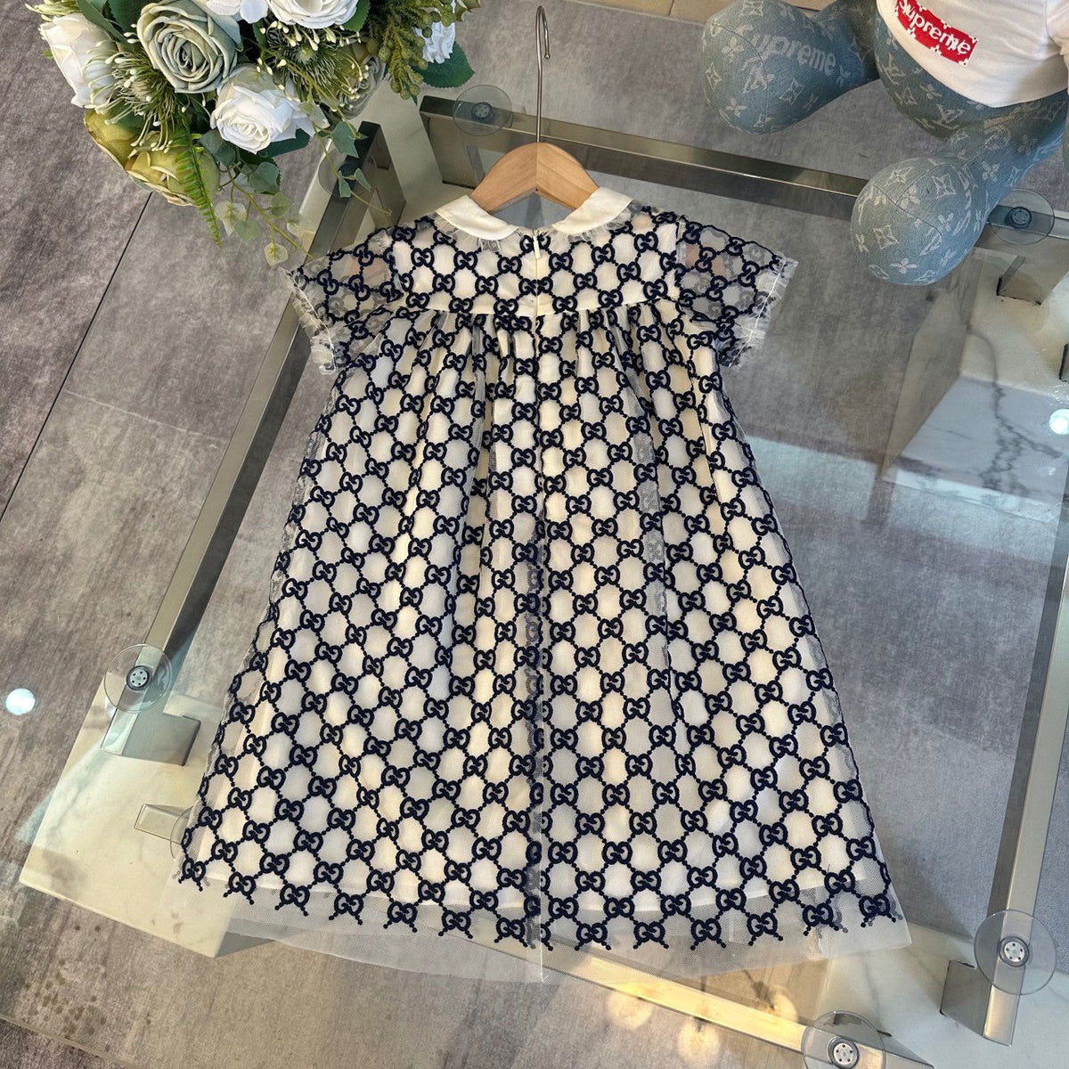 Gucci Kids Navy GG Tulle Collar Dress