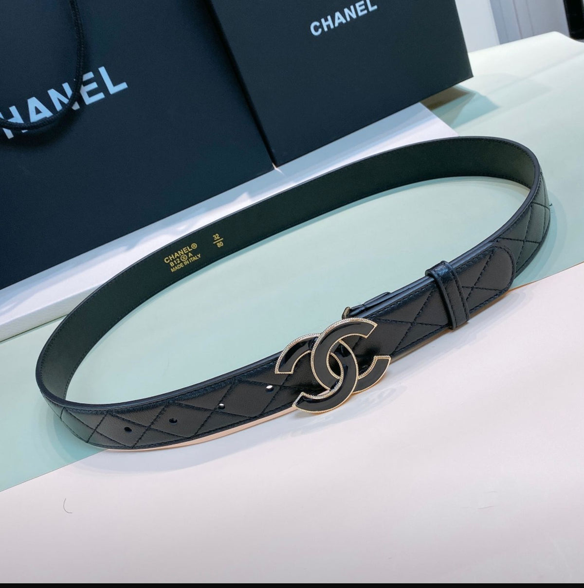 CHANEL — Quilted Calfskin CC Logo Belt