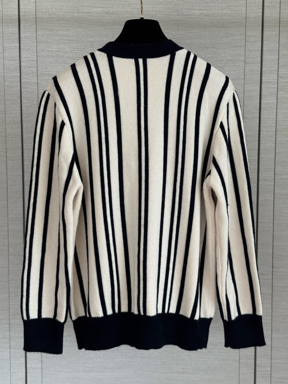 Chanel Vertical Stripe Knit Cardigan with CC Logo and Gold Buttons