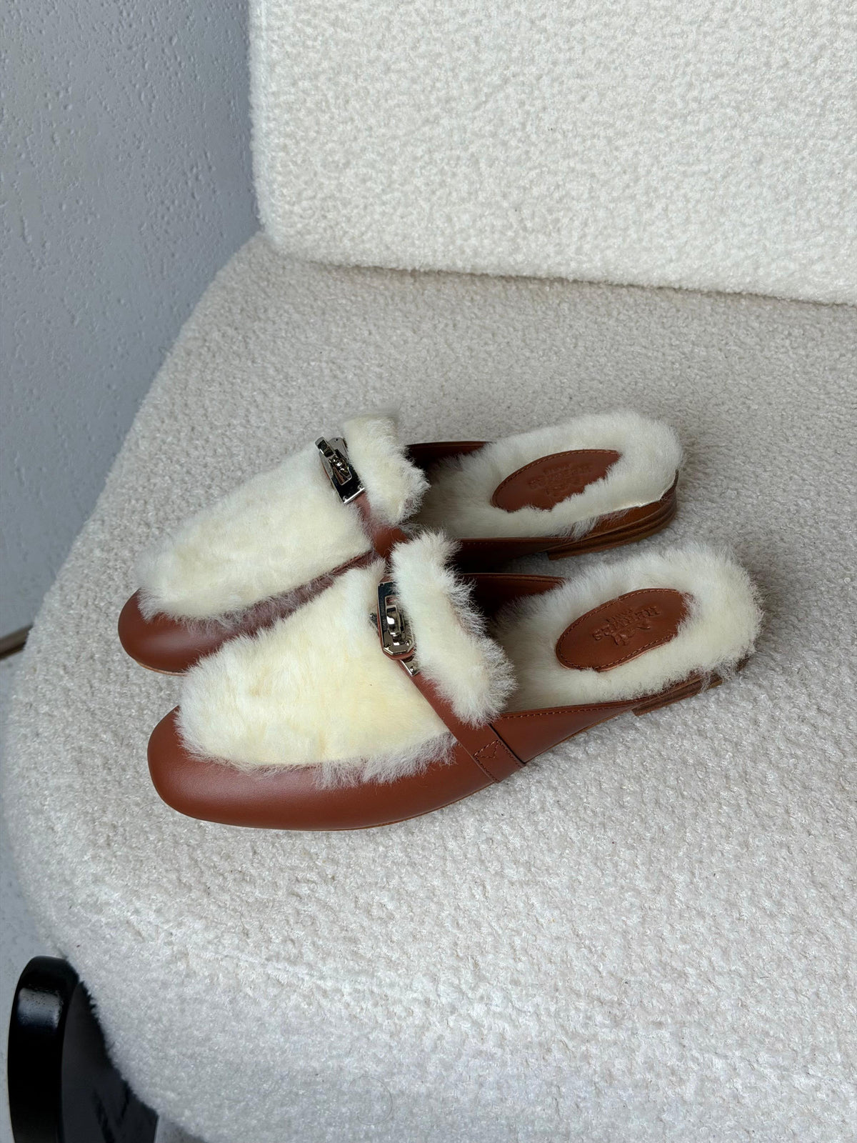 HERMES Fleece-Trim Mule Flats