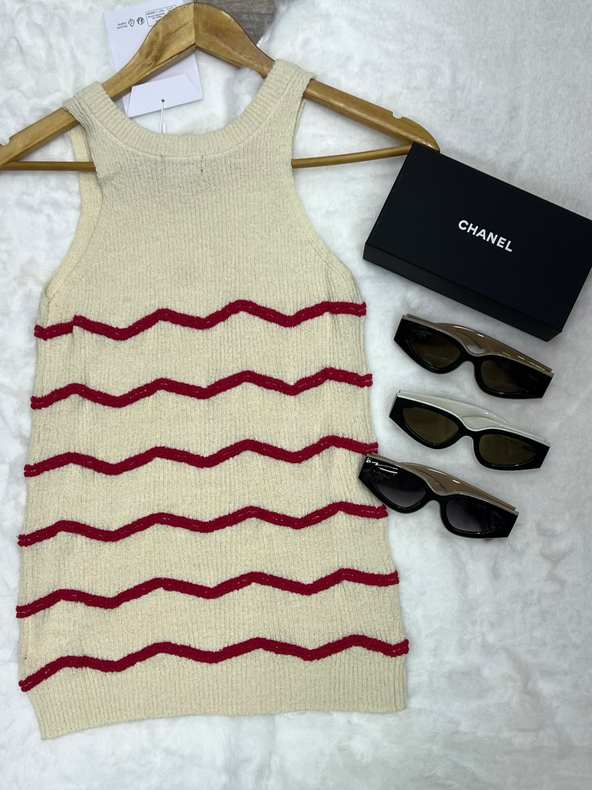 Chanel Wave Striped Ribbed Knit Tank Top