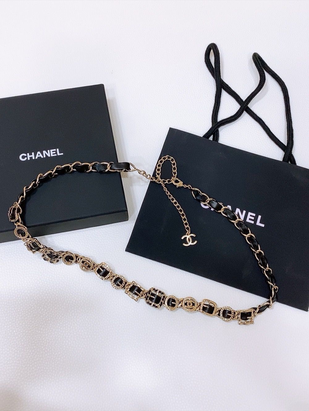 CHANEL Gold-Tone CC Leather Chain Belt