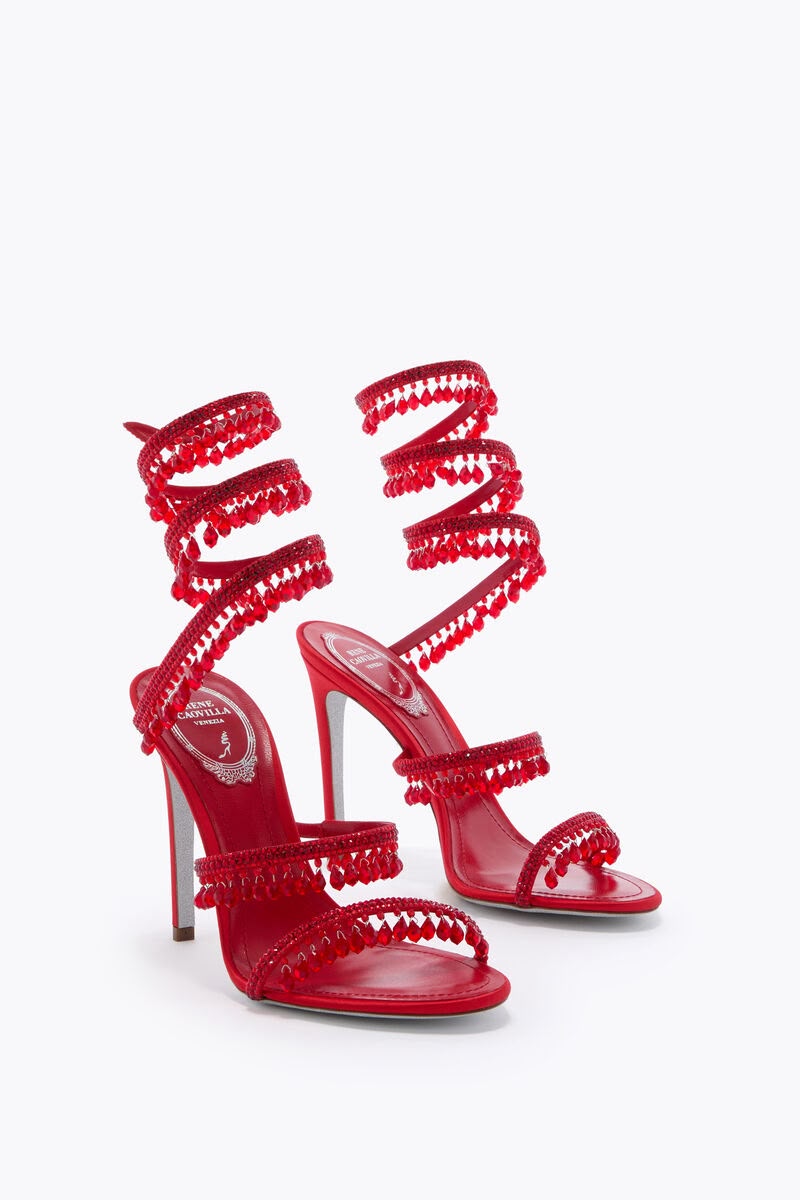 René Caovilla Cleo Chandelier Crystal-Embellished Red Satin Sandals