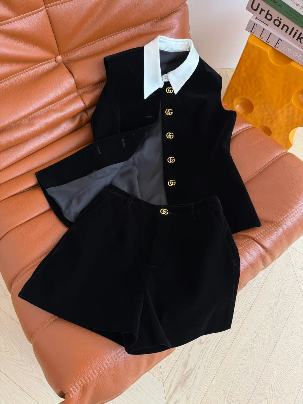 Gucci Velvet Vest and Shorts Set with White Collar and GG Buttons