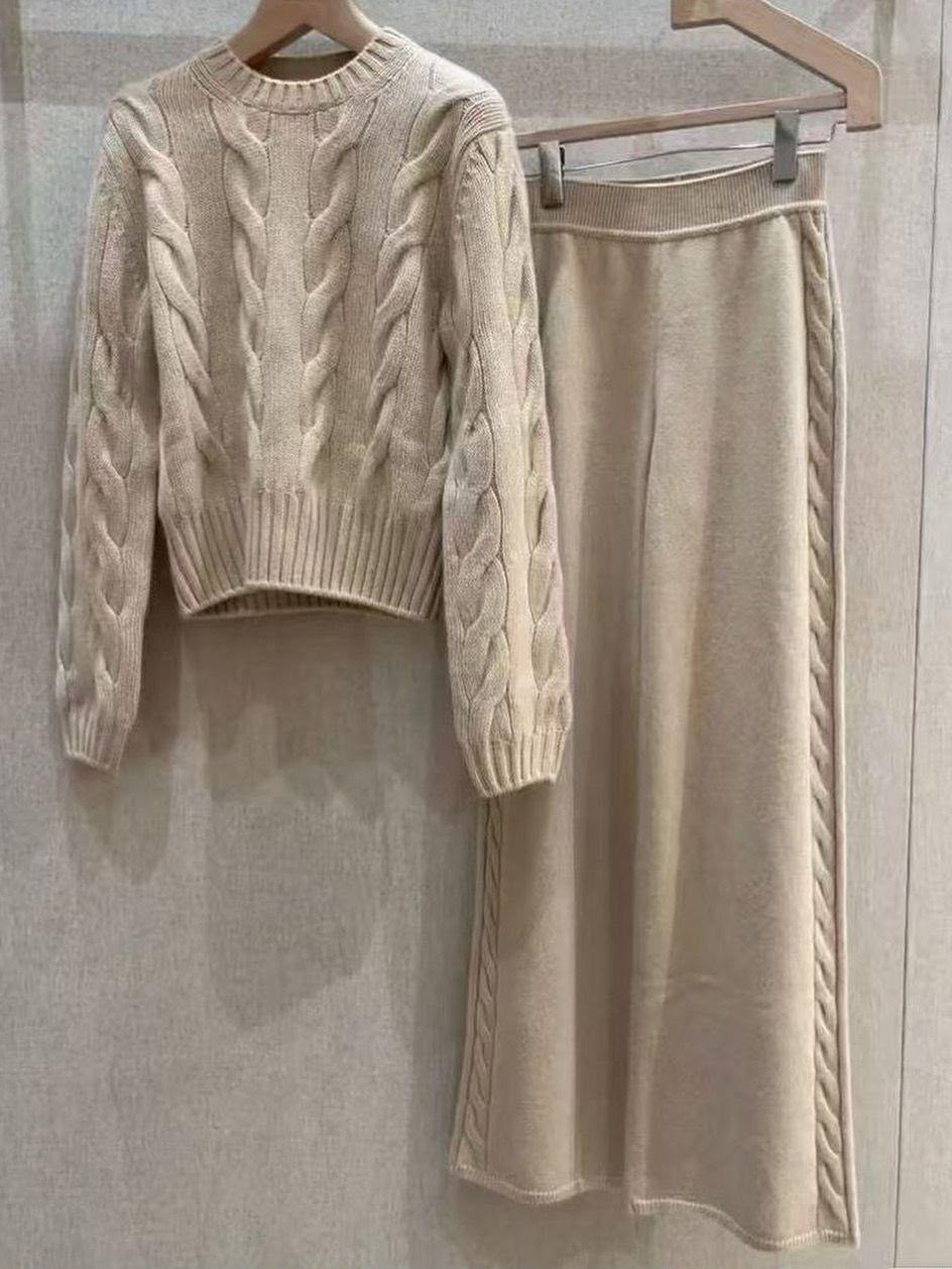 Loro Piana — Cable-Knit Cashmere Crewneck Sweater & Maxi Skirt Set.