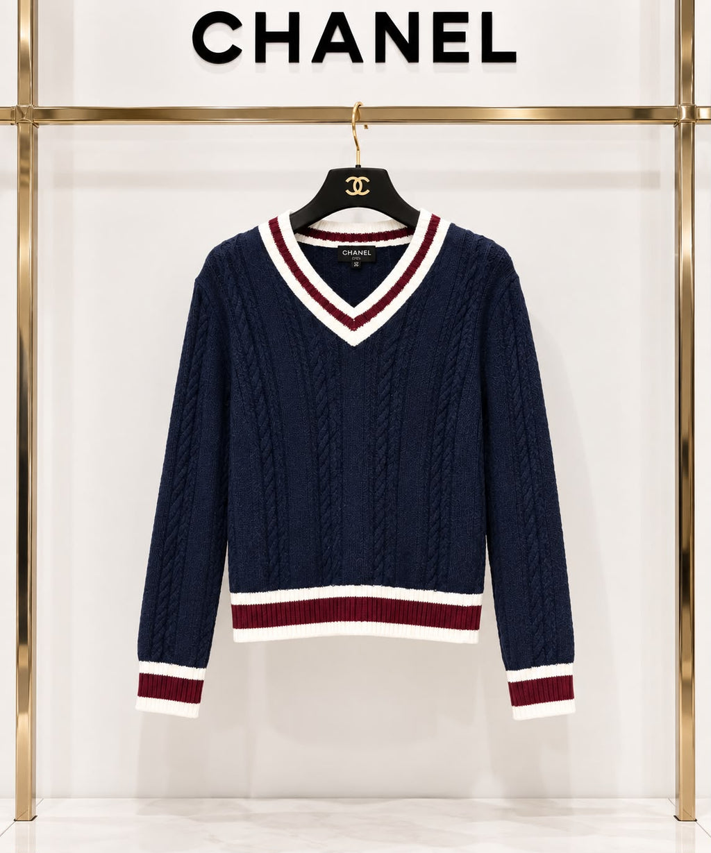CHANEL Cable-Knit V-Neck Sweater