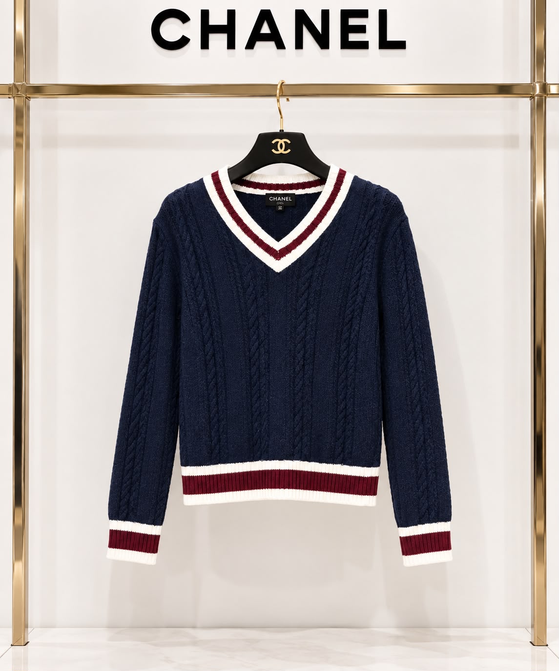 CHANEL Cable-Knit V-Neck Sweater
