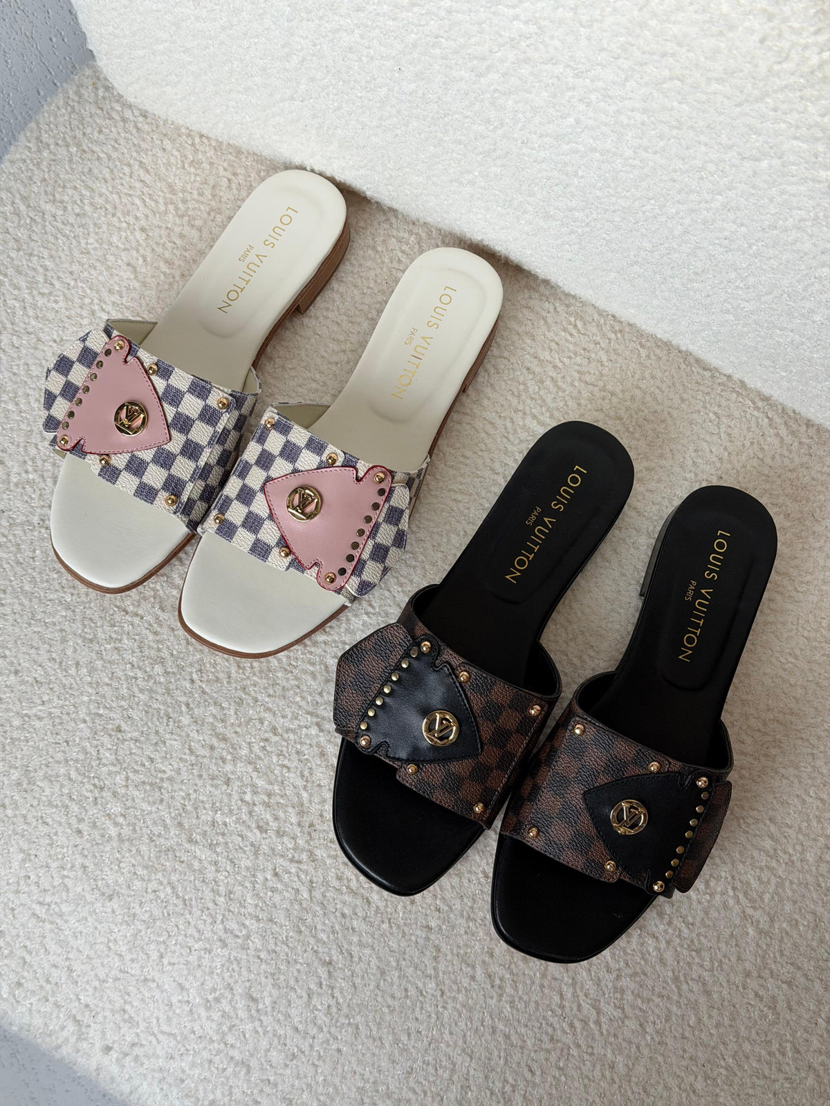 Louis Vuitton Damier Ebene Studded Flat Slide Sandals