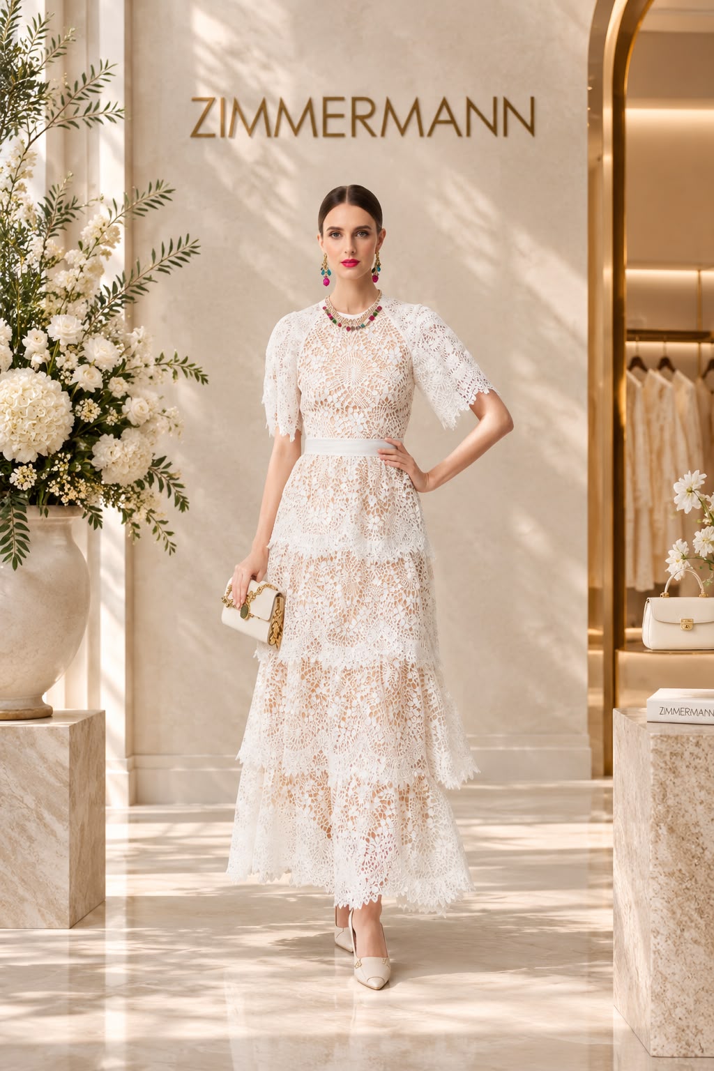 Zimmermann White Lace Tiered Midi Dress