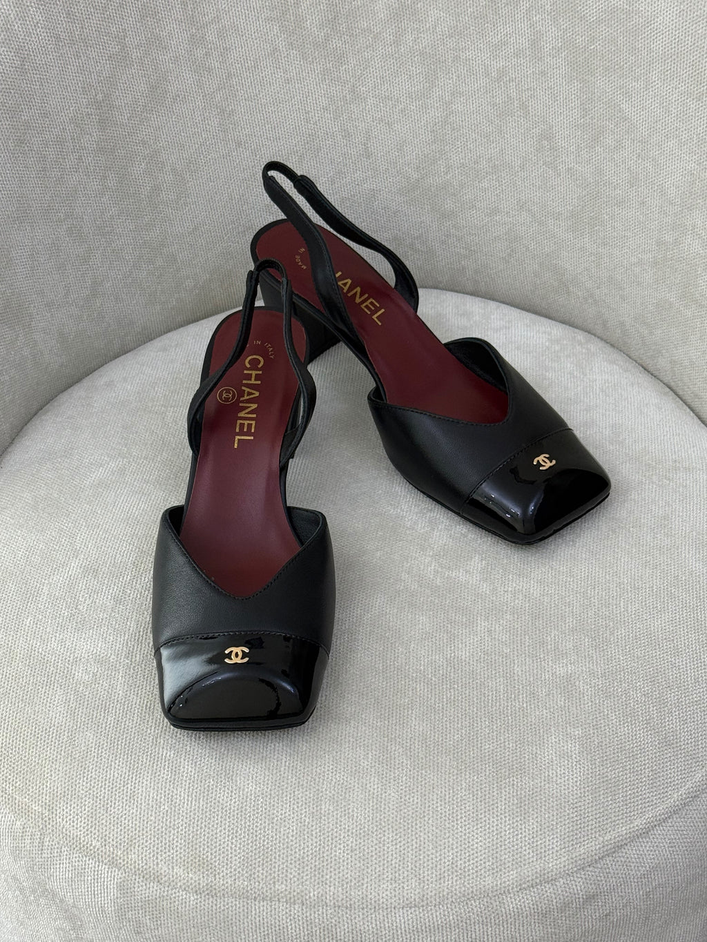 Chanel Patent Cap-Toe Slingback Pumps