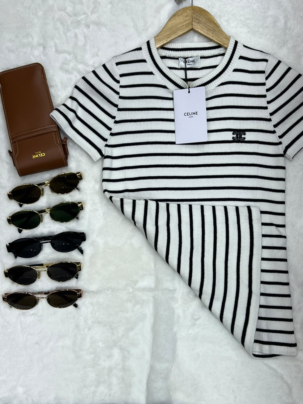 Celine Triomphe Striped Ribbed Knit Top