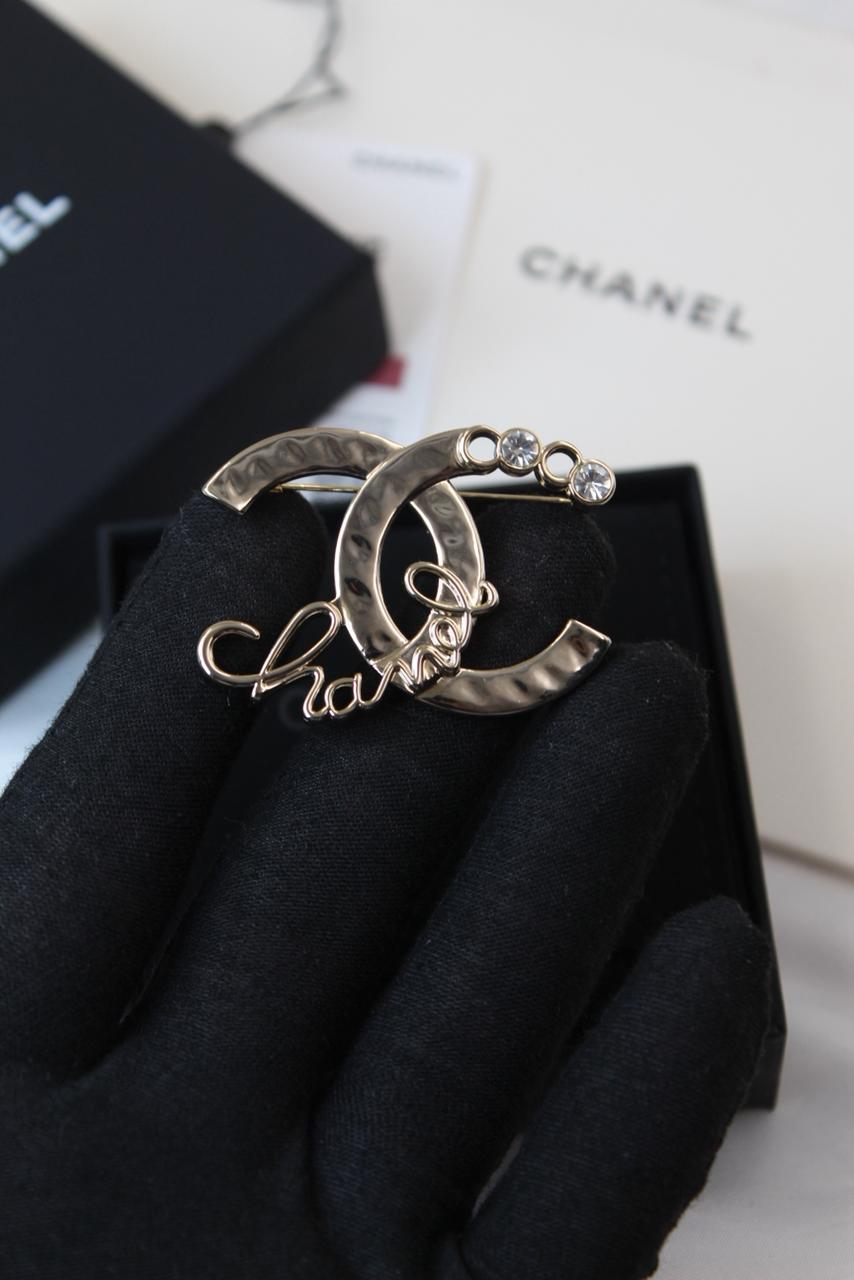 Chanel-Inspired Silver-Tone CC Crystal Brooch