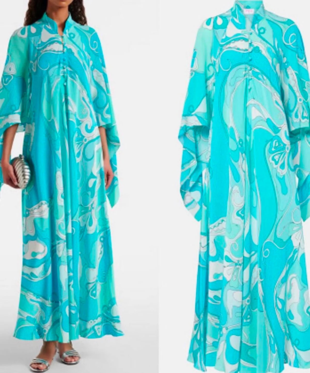 Pucci Marmo-Print Wide-Sleeve Silk Kaftan Maxi Dress