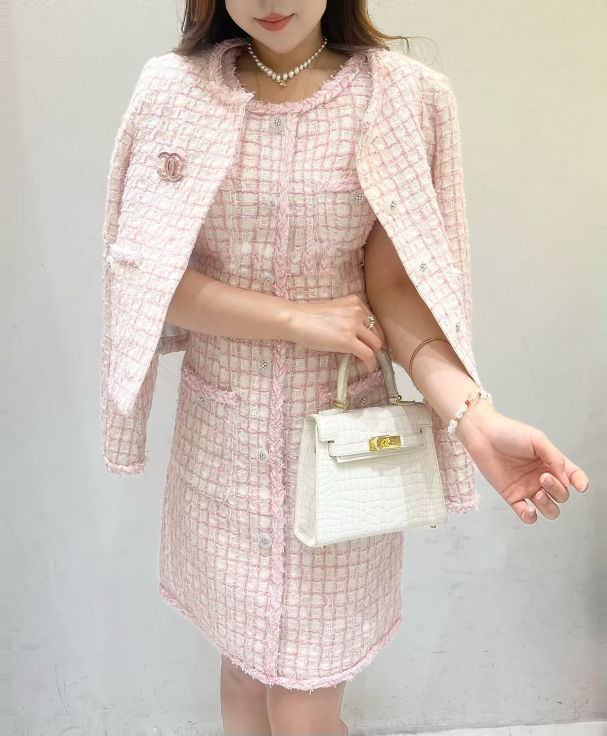 Chanel Pink Tweed Jacket & Dress Suit Set