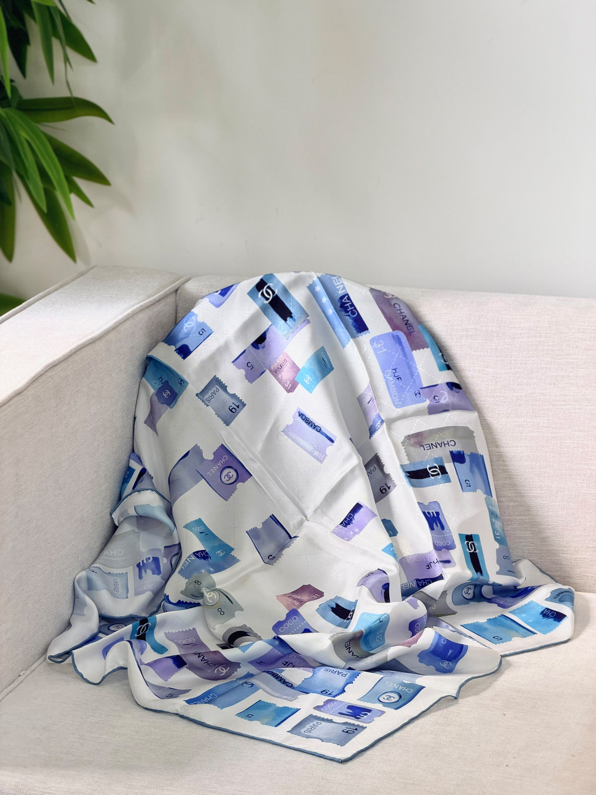 CHANEL Rectangular label collage Square Scarf