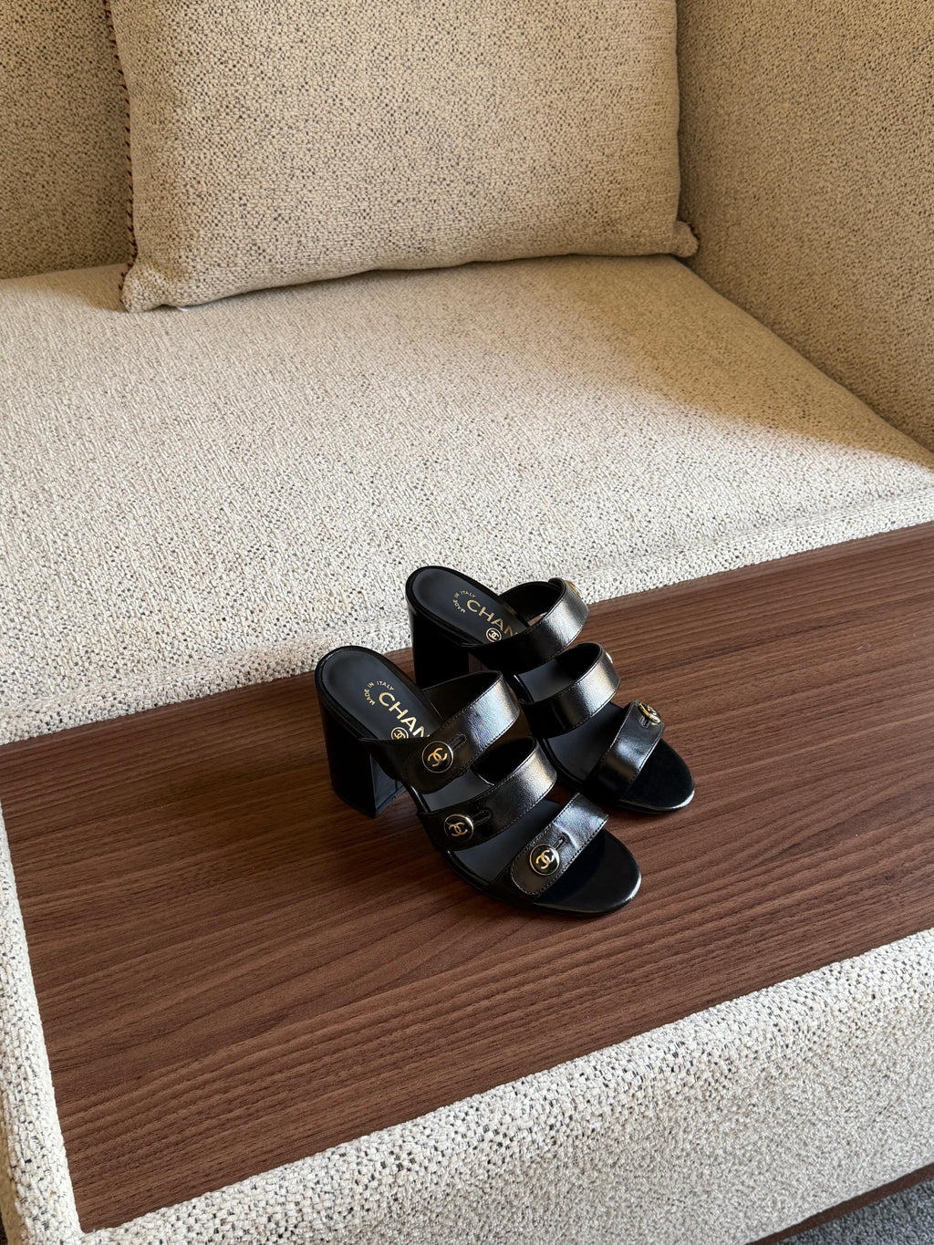 Chanel Patent Leather Multi-Strap Block Heel Sandals with CC Button