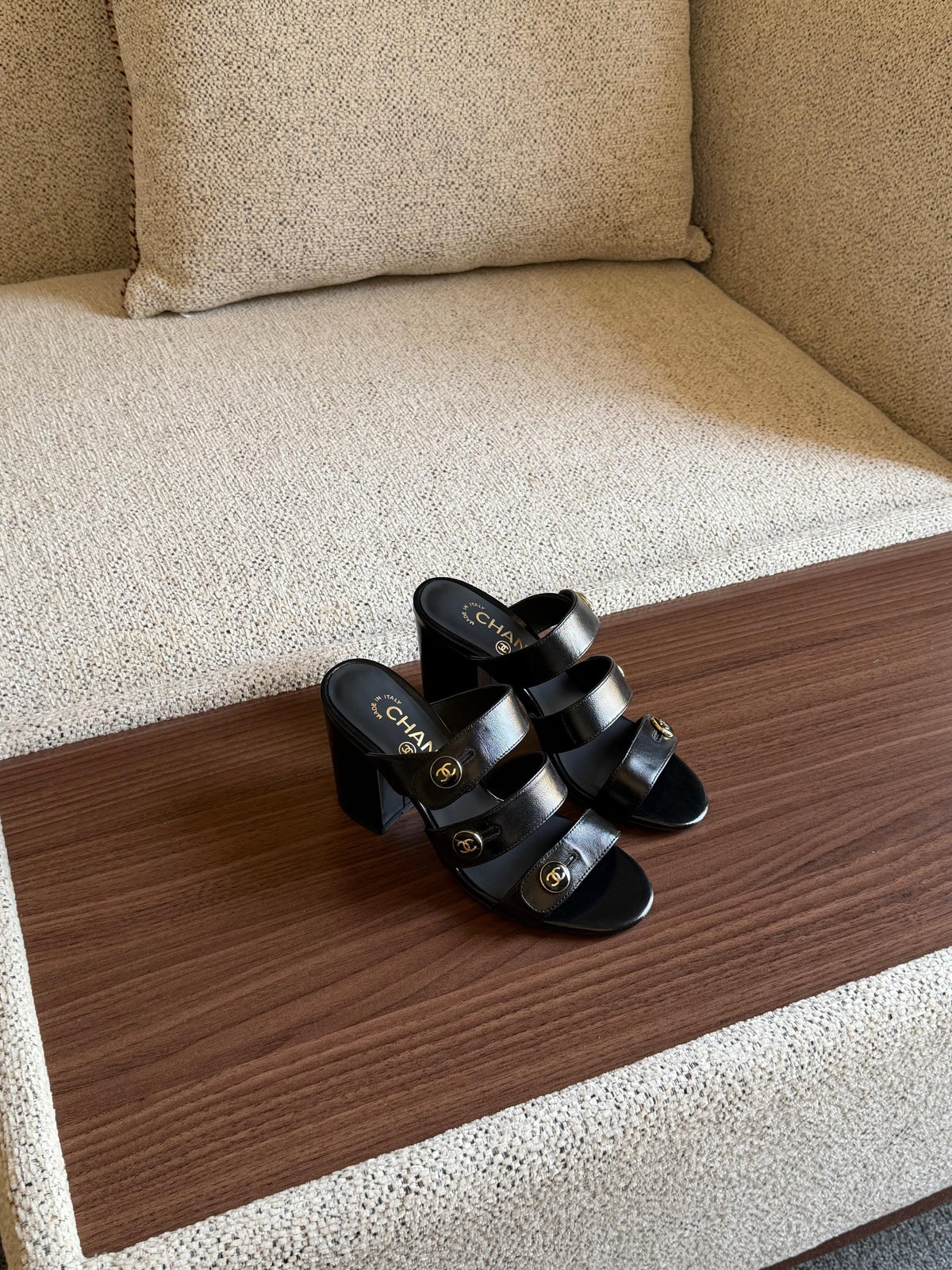 Chanel Patent Leather Multi-Strap Block Heel Sandals with CC Button