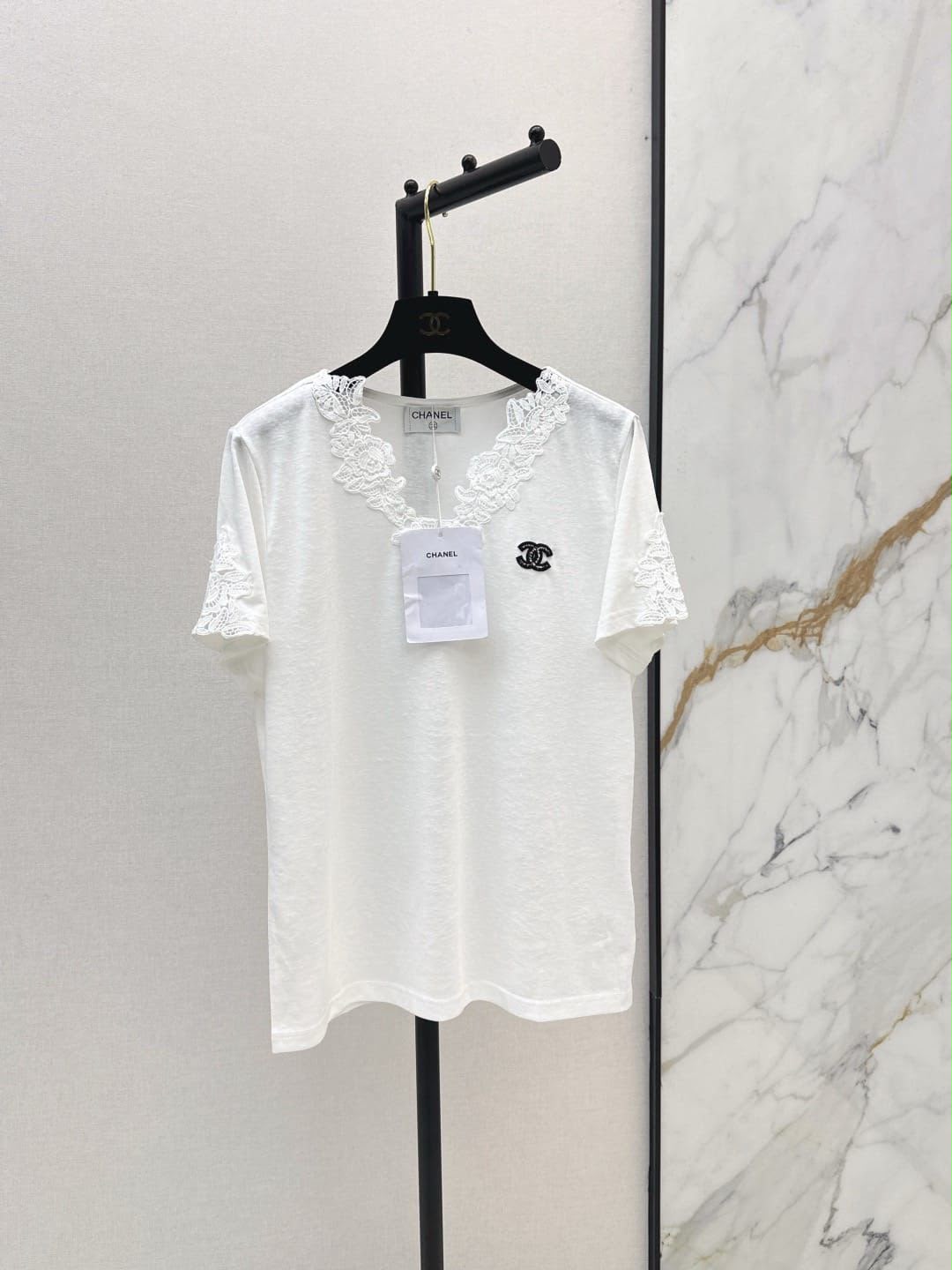 Chanel Lace Trim V-Neck Knit T-Shirt