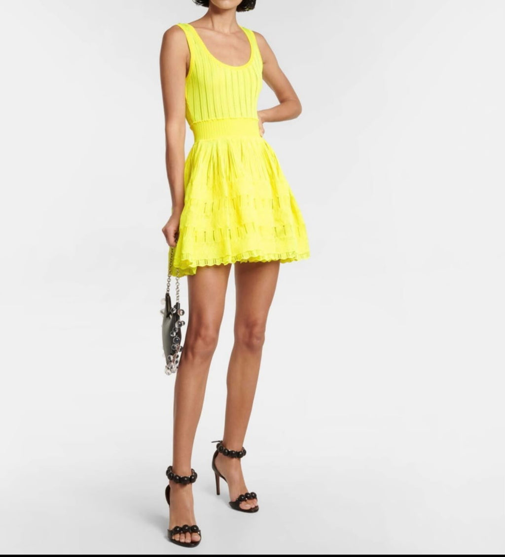 Alaïa Yellow Knit Scoop Neck Flare Dress