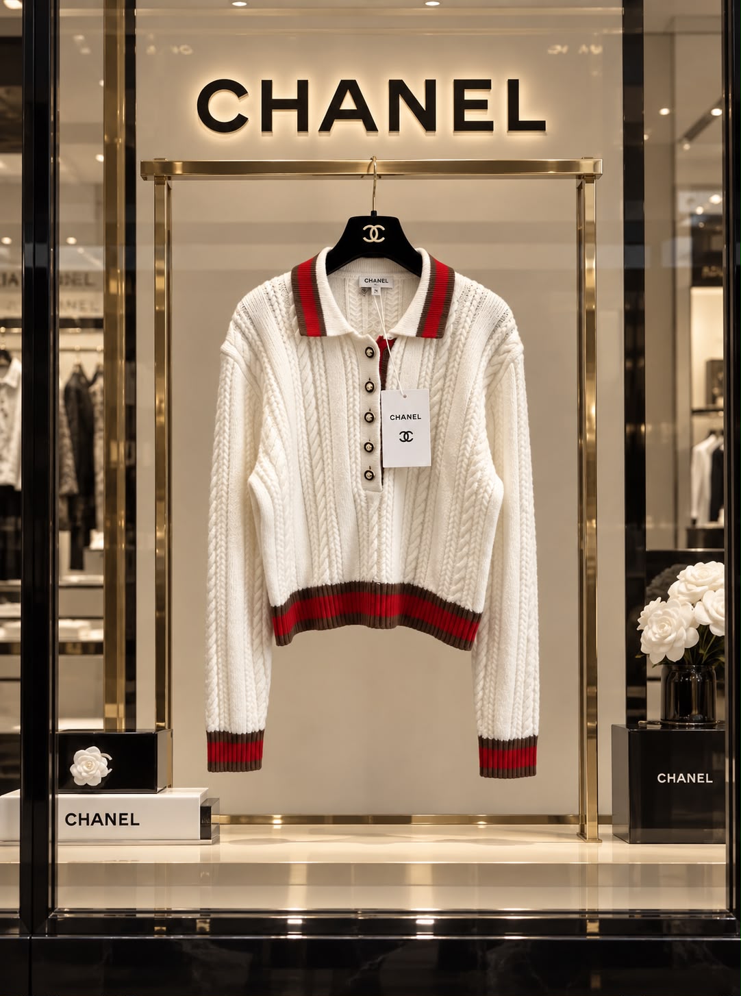 CHANEL Cable-Knit Polo Sweater