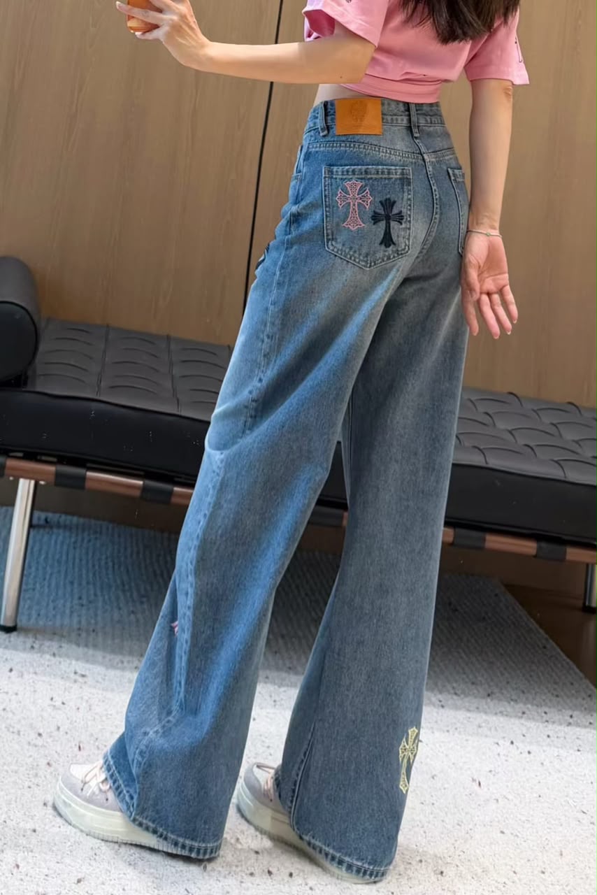 Chrome Hearts Multicolor Leather Cross Patch Straight-Leg Denim Jeans