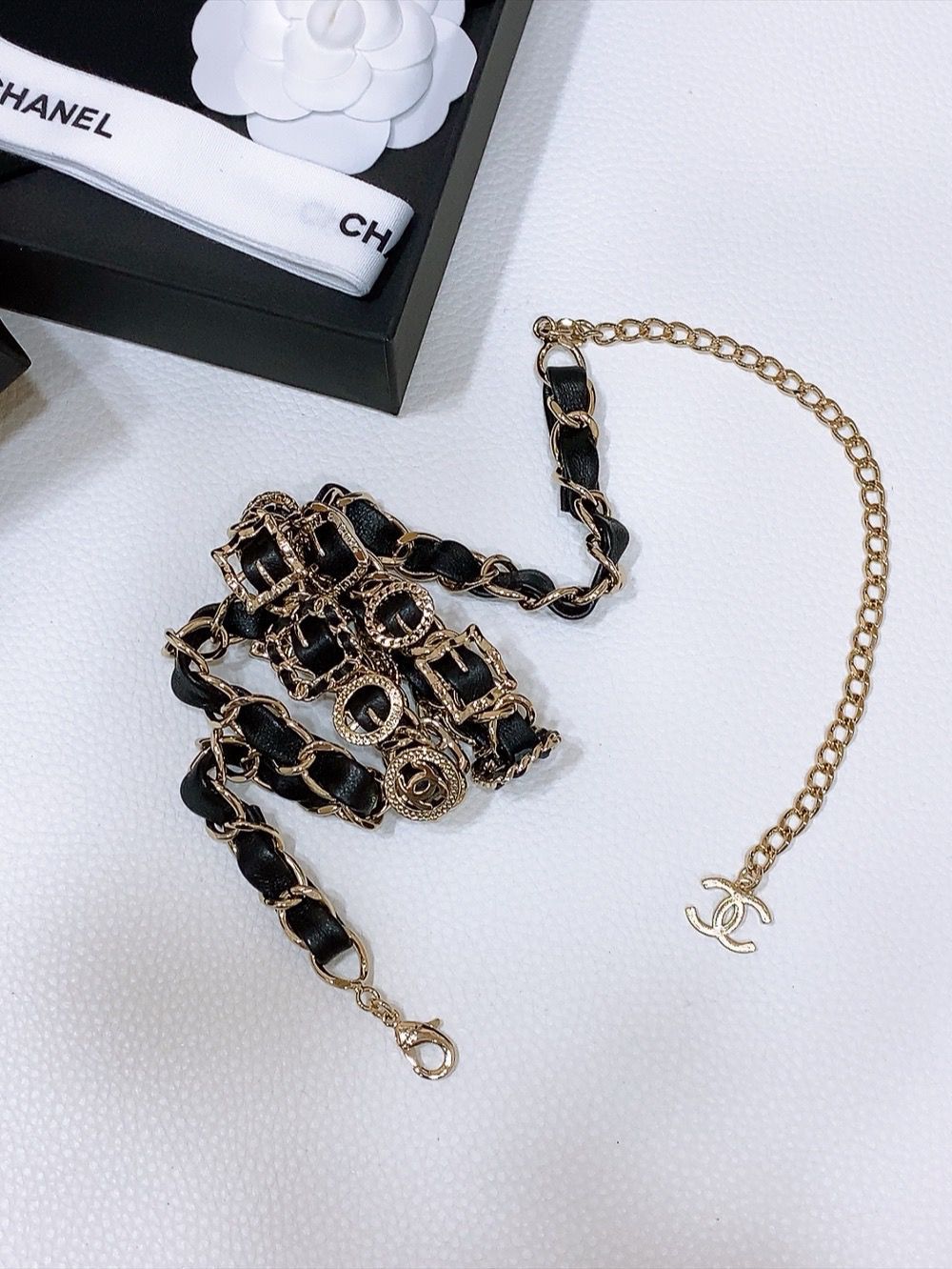 CHANEL Gold-Tone CC Leather Chain Belt