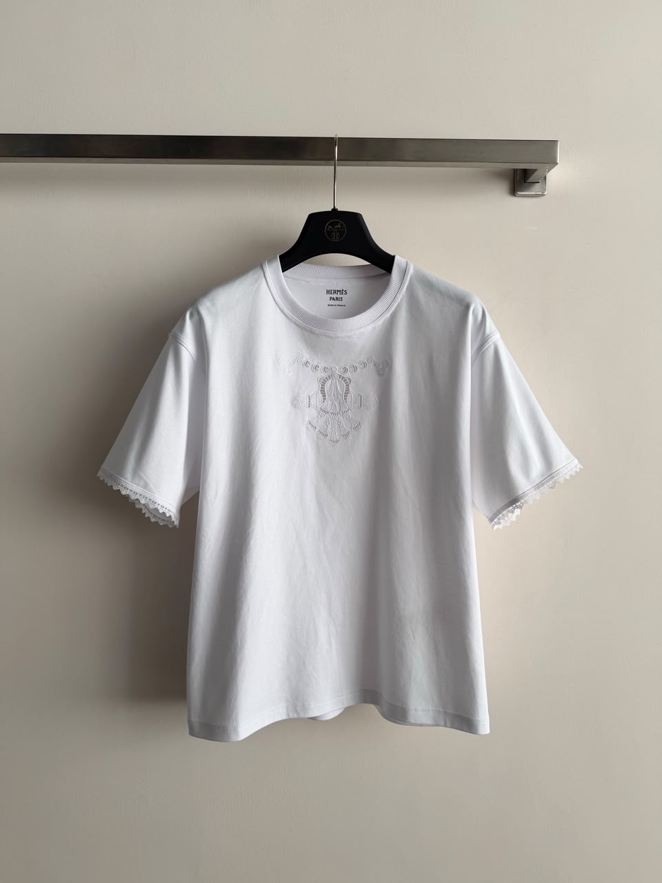 Hermès Tonal Embroidered T-Shirt with Lace Trim