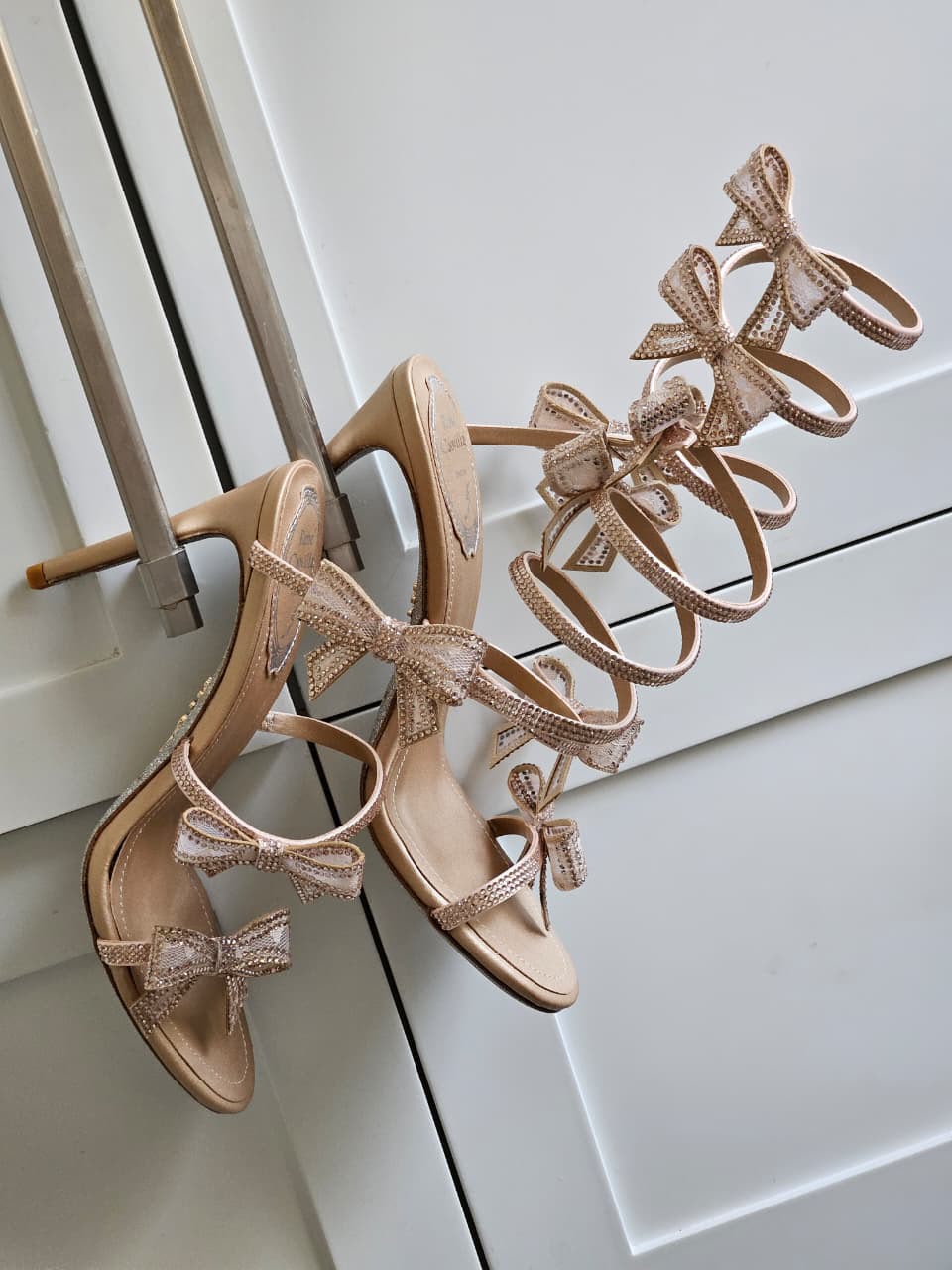 René Caovilla Cleo Crystal-Embellished Spiral Bow Sandals