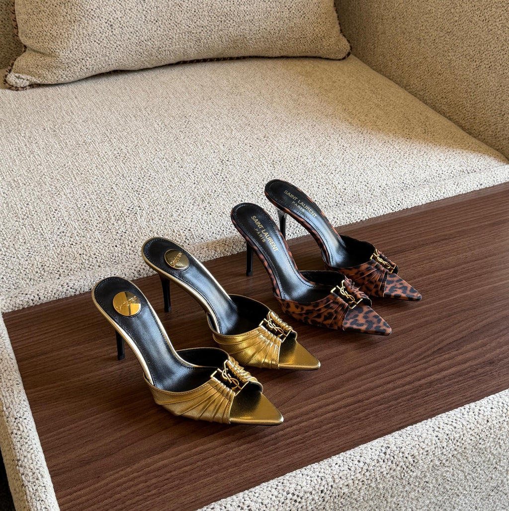 Saint Laurent Leopard Print Satin Pointed-Toe Mules with YSL Monogram Detail