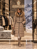 Moncler Long Puffer Coat with Fur-Trimmed