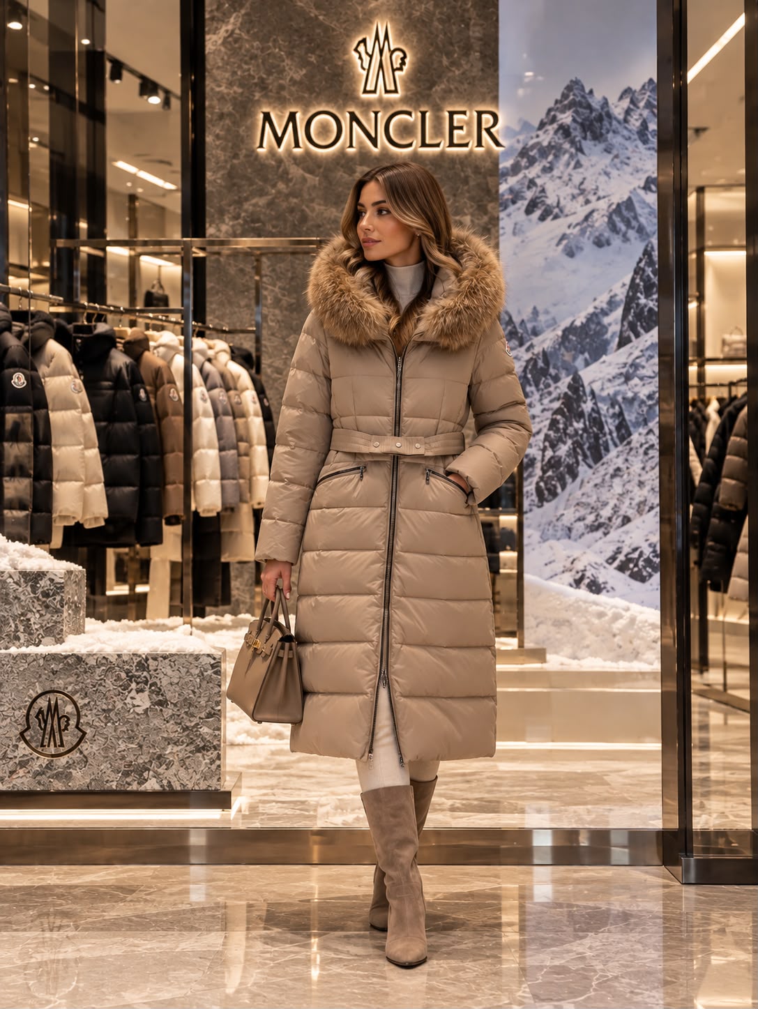 Moncler Long Puffer Coat with Fur-Trimmed