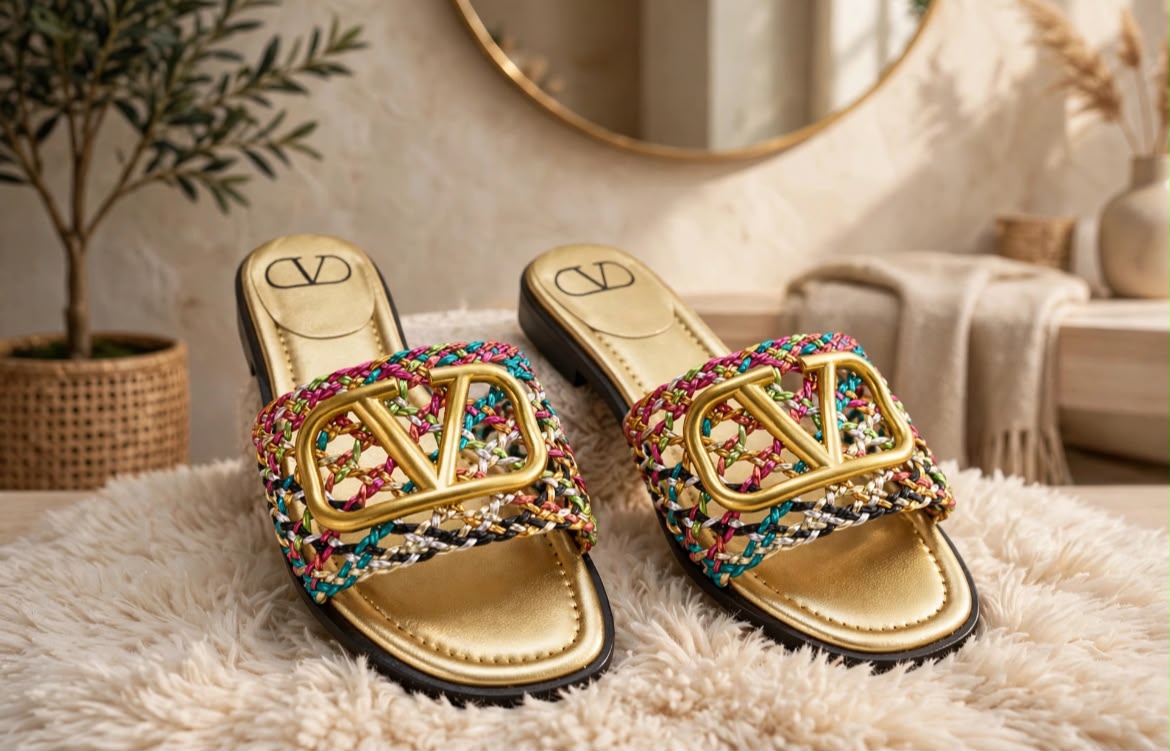 Valentino Garavani VLogo Signature Woven Straw Slide Sandals