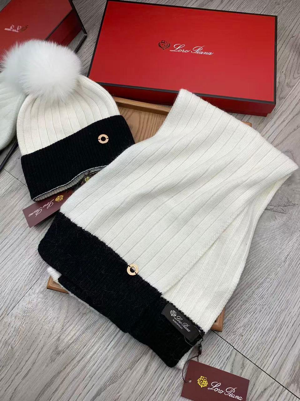 Loro Piana Contrast Pom Pom Scarf & Beanie Set