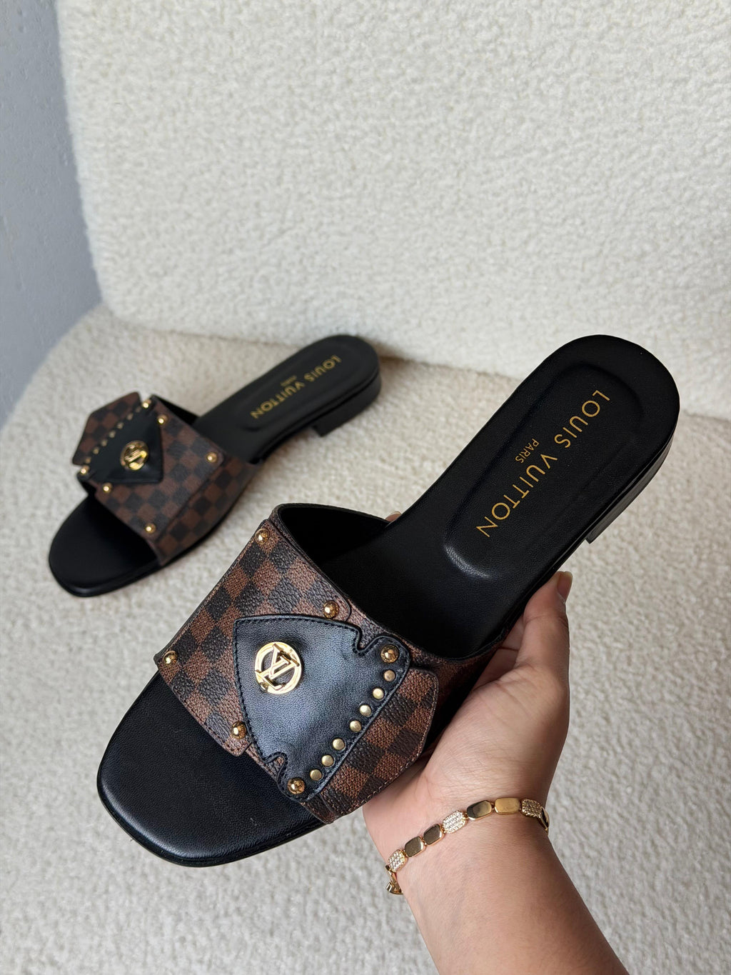 Louis Vuitton Damier Ebene Studded Flat Slide Sandals