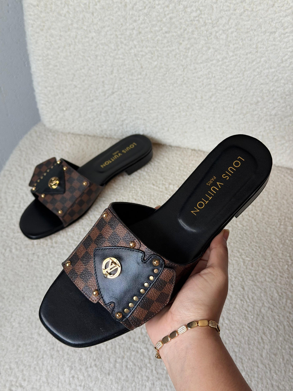 Louis Vuitton Damier Ebene Studded Flat Slide Sandals