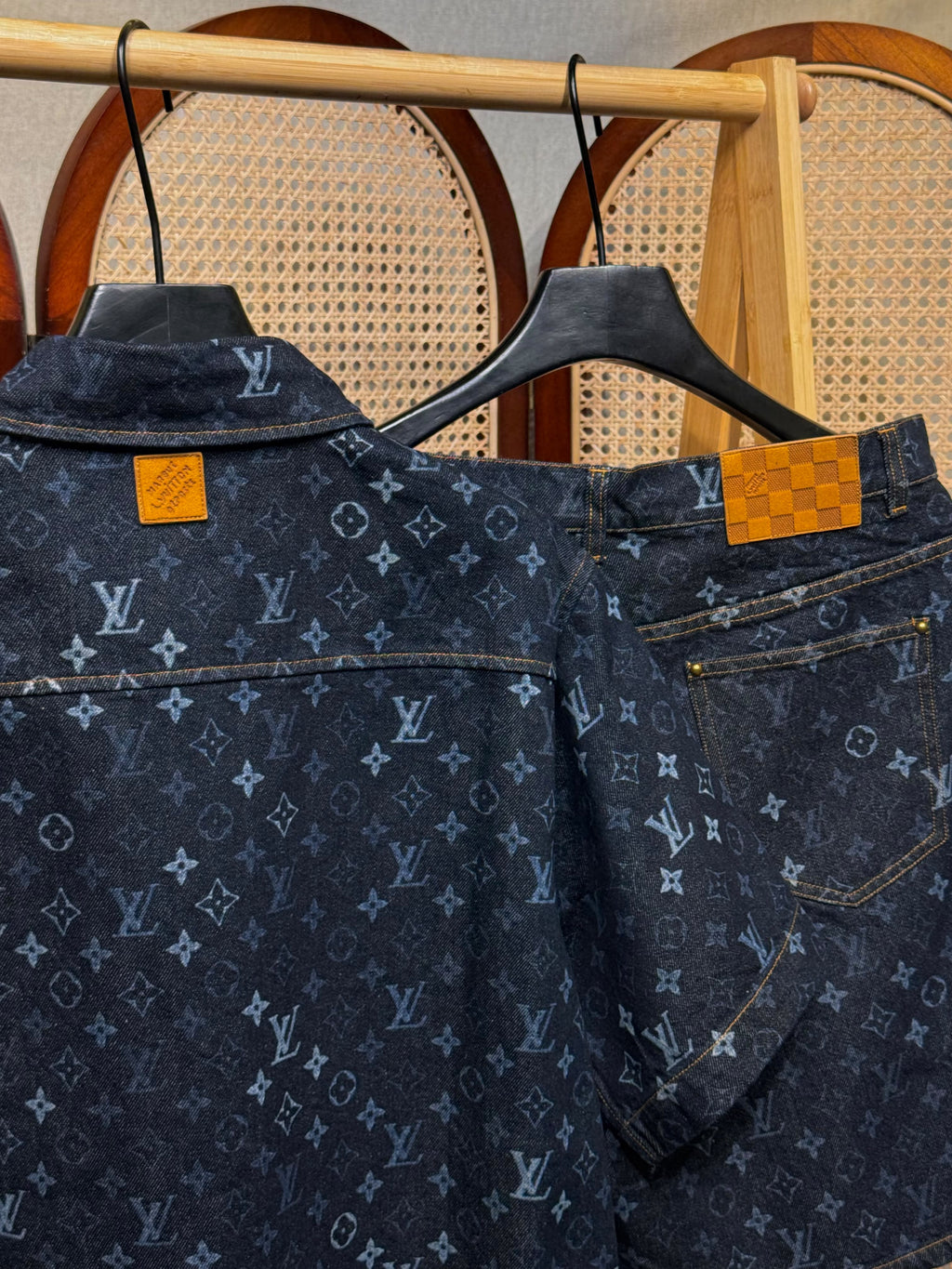 Louis Vuitton Navy Monogram Denim Shirt and Shorts Set