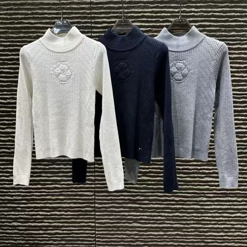 Chanel Camellia Embossed Ribbed High-Neck Knit Sweater