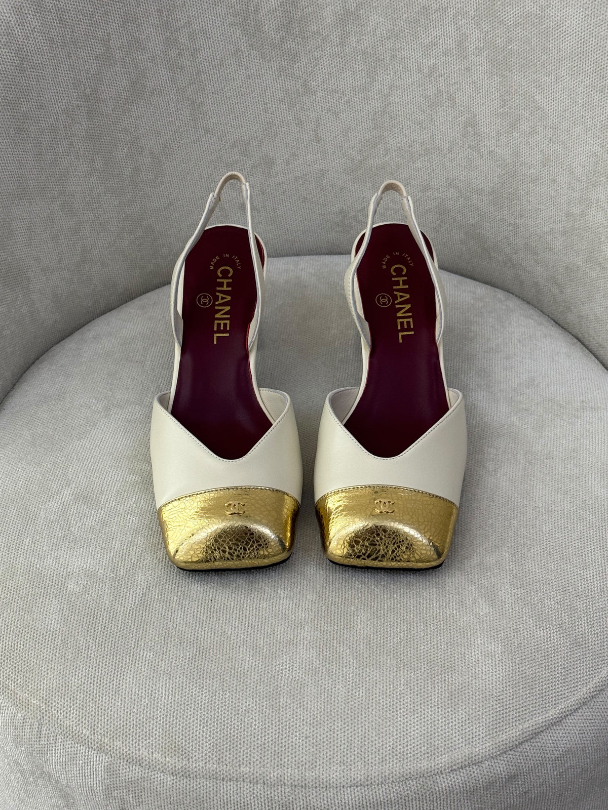 Chanel Patent Cap-Toe Slingback Pumps