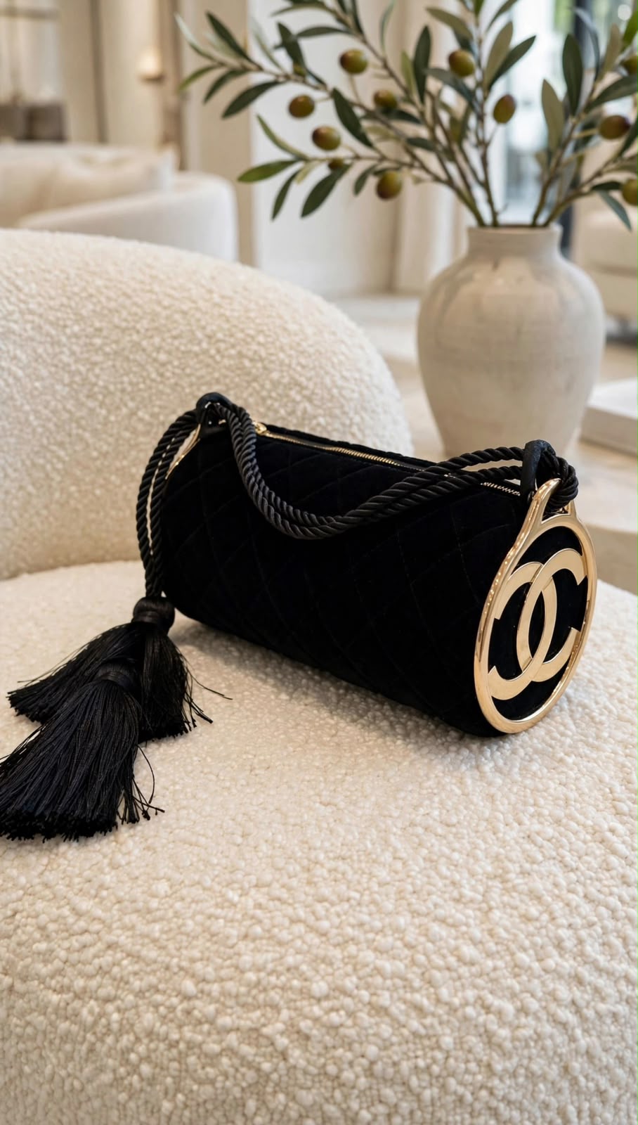 Chanel Quilted Velvet Barrel Evening Bag with Tassel