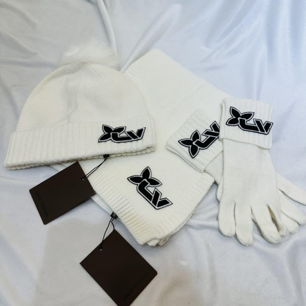 Louis Vuitton Flower Logo Pom Pom Scarf Beanie & Gloves Set