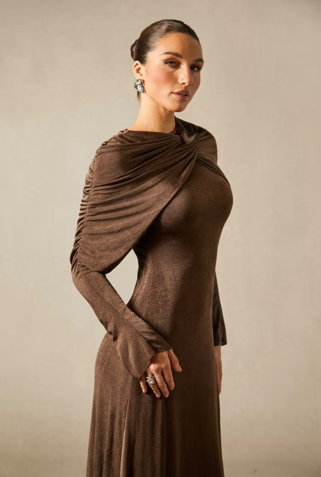 Sandro Long-Sleeve Draped-Neck Knit Maxi Dress (Brown)